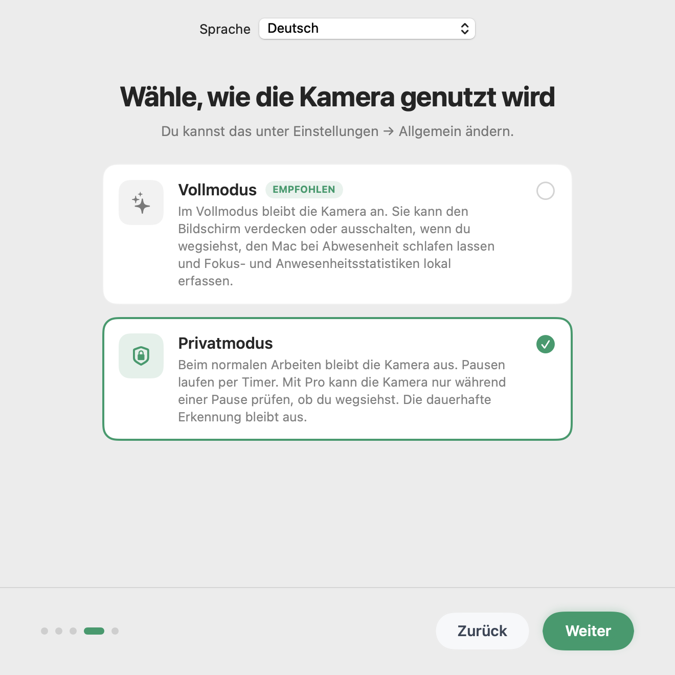 Einrichtung von Have You Rested? mit ausgewähltem Privatmodus