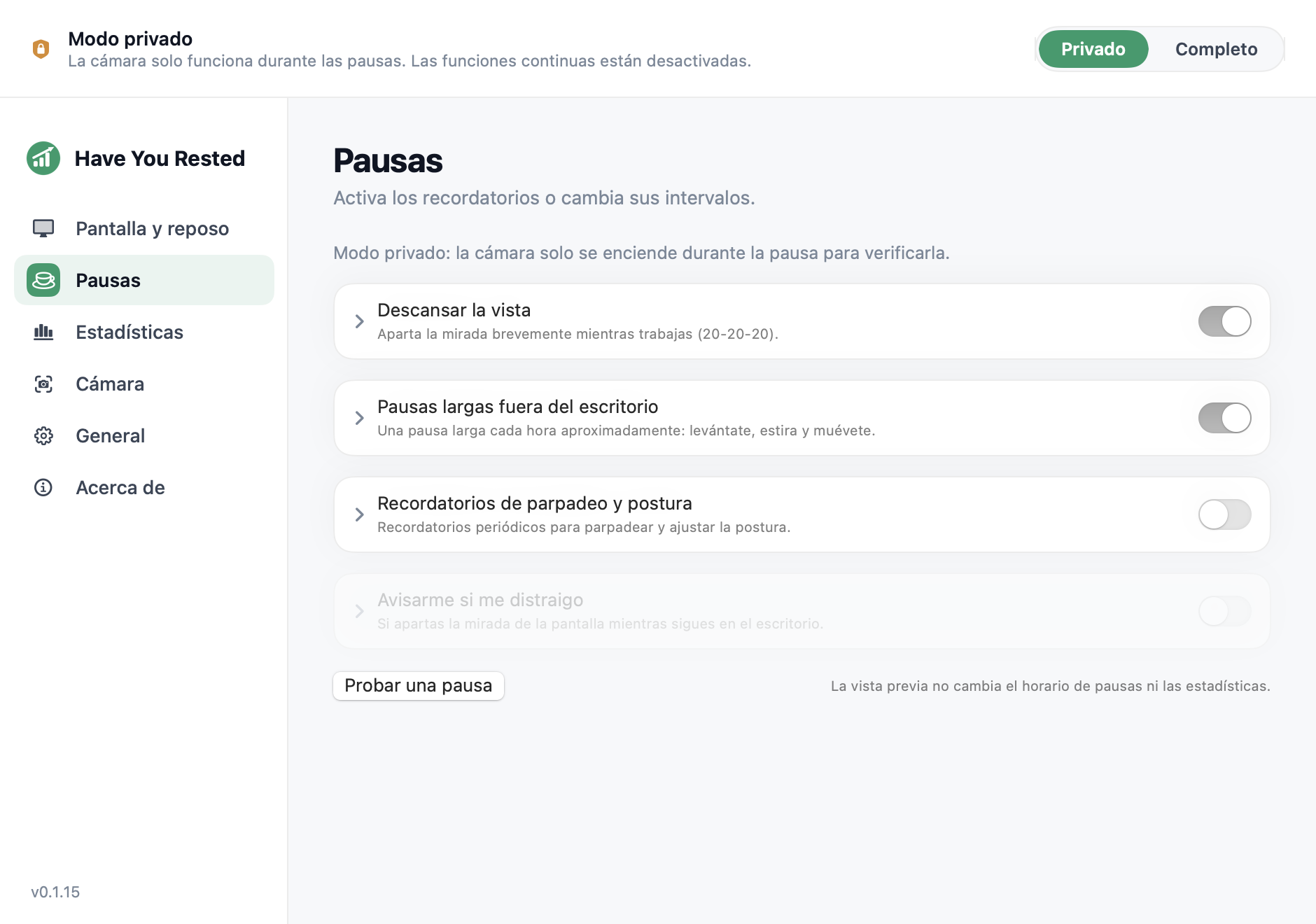 Ajustes de pausas de Have You Rested? en Modo privado
