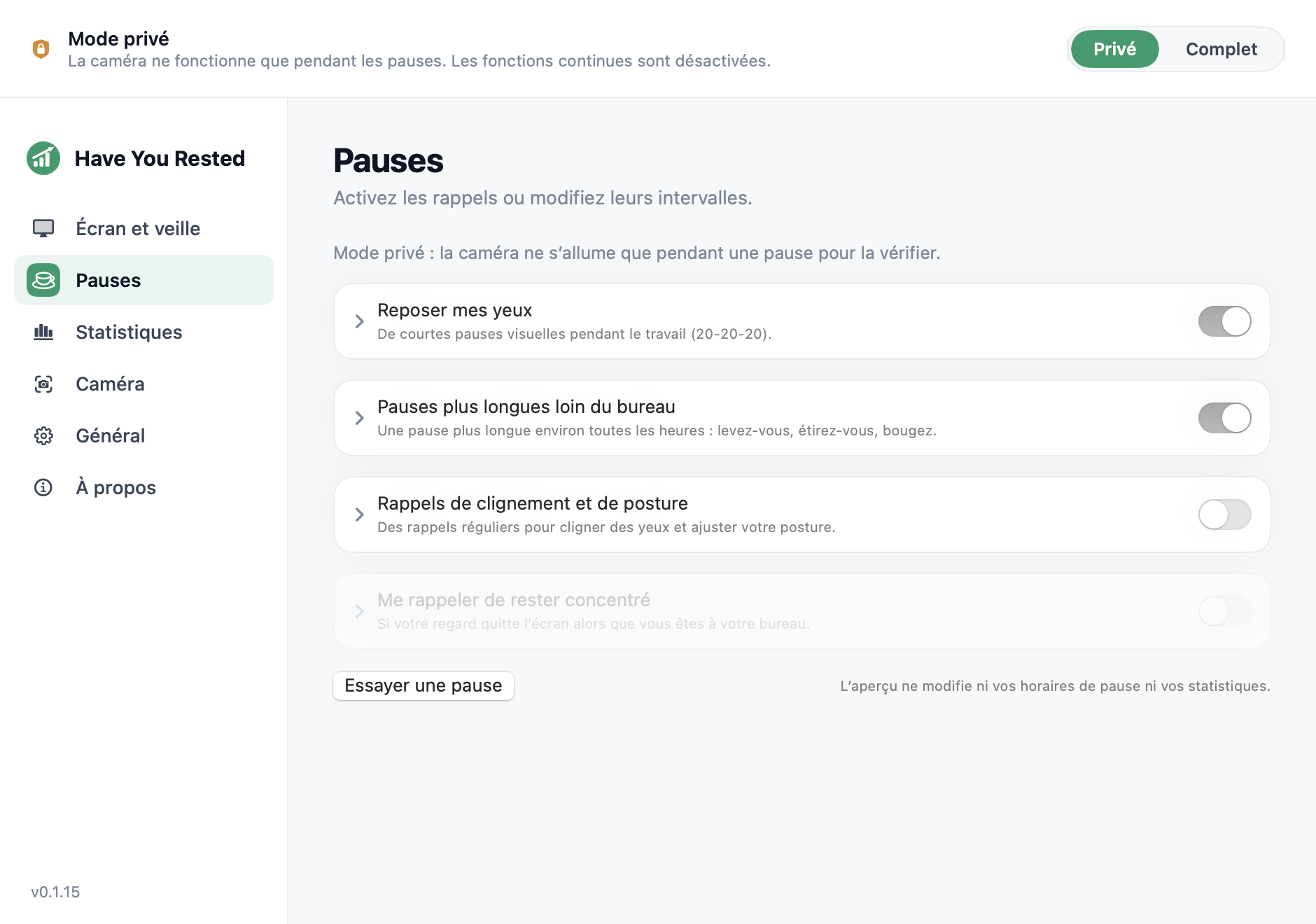 Réglages des pauses de Have You Rested? en mode privé