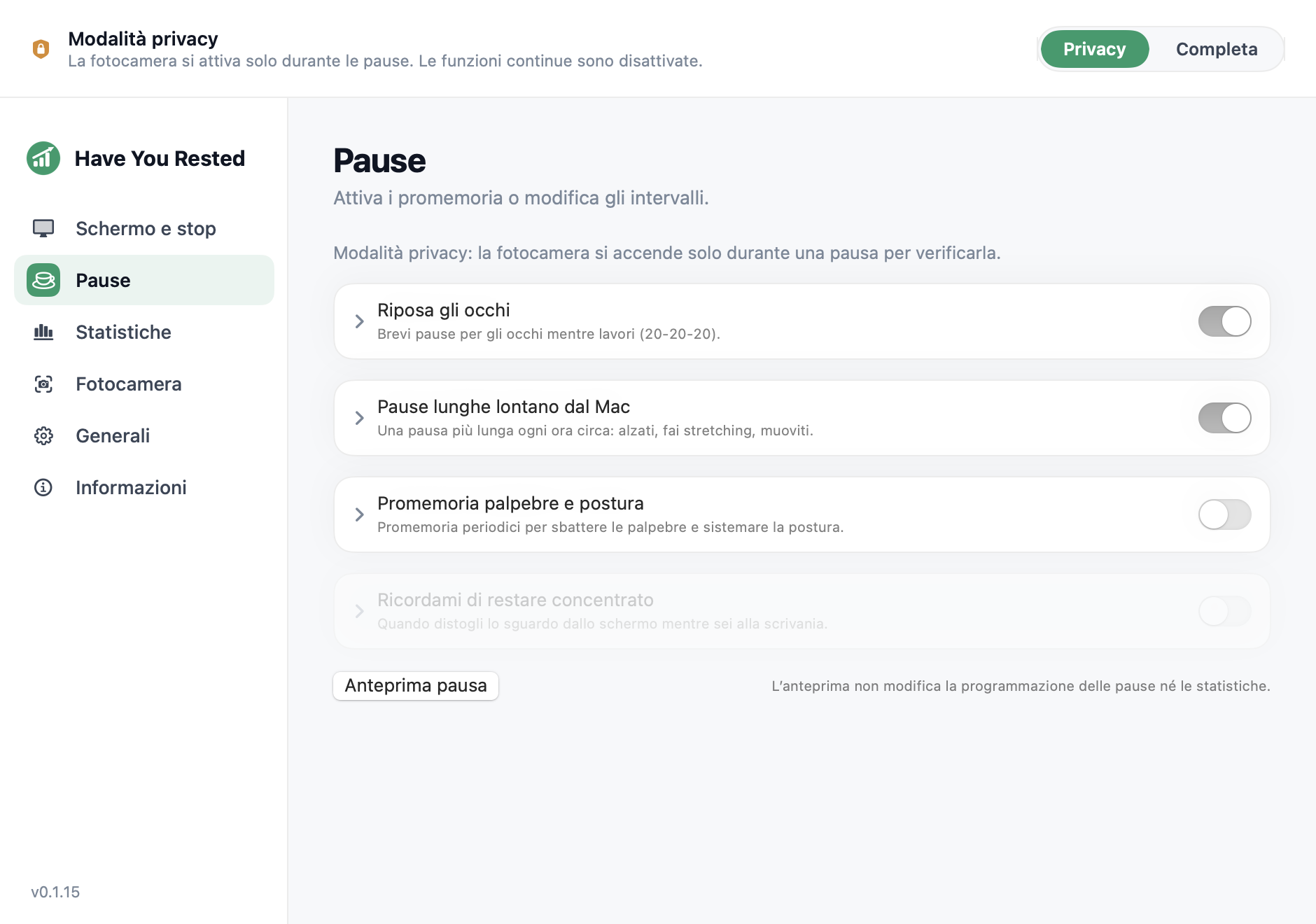 Impostazioni delle pause di Have You Rested? in modalità Privacy