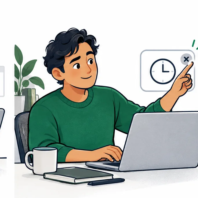 Illustration: the same person dismissing a clock reminder