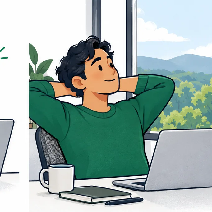 Illustration: the person looking out of a window, away from the laptop
