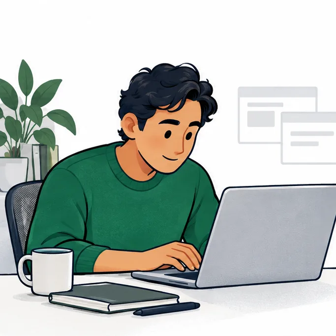 Illustration: a person in a green sweater working at a laptop