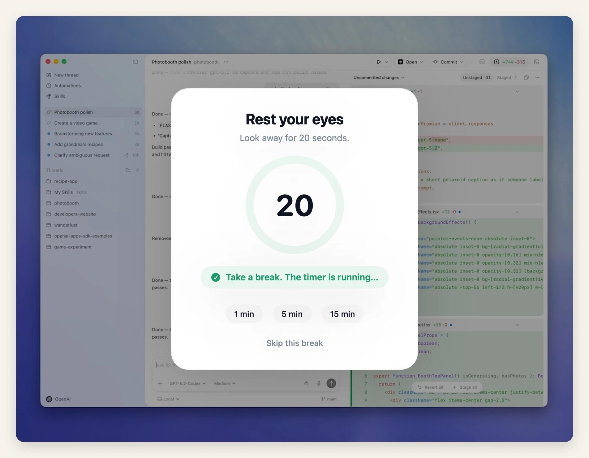 Have You Rested Free break overlay over a public Codex demo, shown in a staged static image.